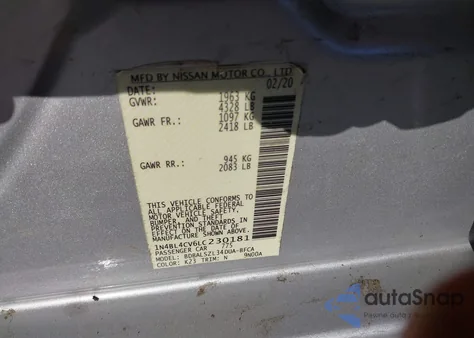 2020 Nissan Altima Sr Fwd from USA, damaged, VIN 1N4BL4CV6LC230181